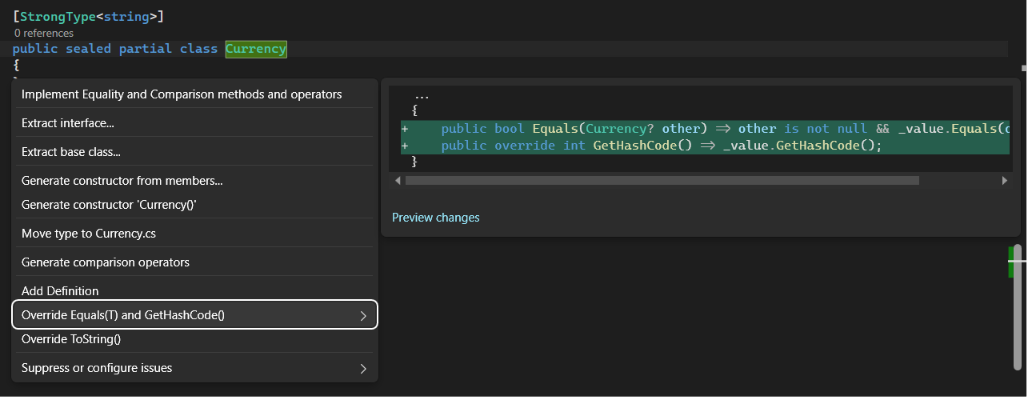 Override Equals(T) and GetHashCode() quick action