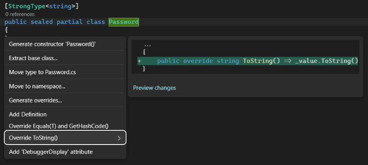 Override ToString() quick action